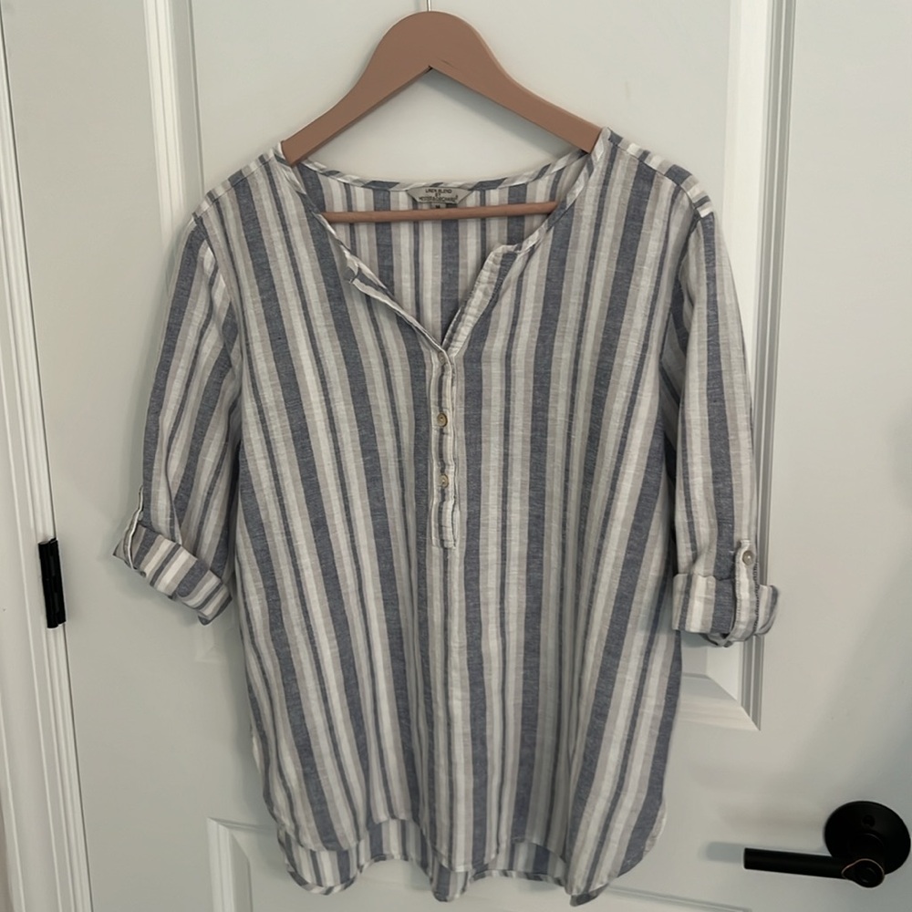 Linen Blend By Hester & Orchard Blue, Tan/Gray, White Striped Comfy Shirt Size M - Picture 4 of 10